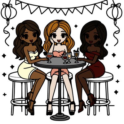 3 women gathered around a bar table in party dresses.