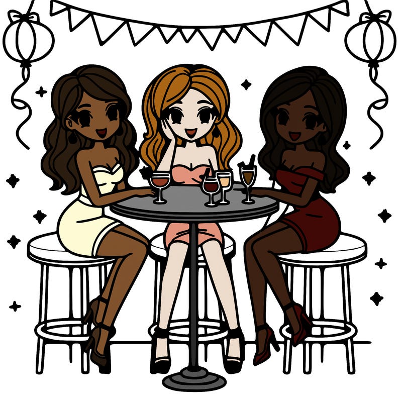 3 women gathered around a bar table in party dresses.