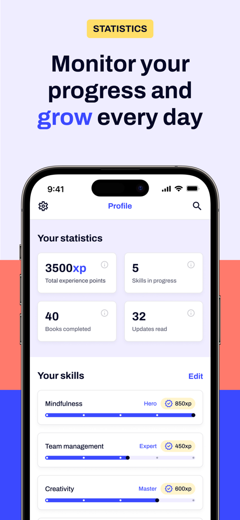 4books: Audiobooks & Podcasts - 4books app screen showing learning statistics and skill progress levels for mindfulness and management