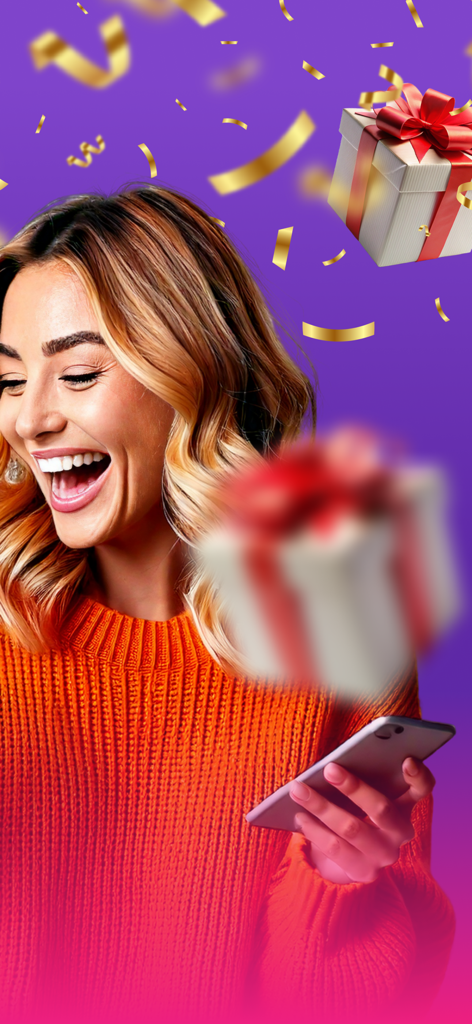 Giveaway Picker - Random Draw - A woman laughing and holding a phone with falling gift boxes and confetti on a purple background