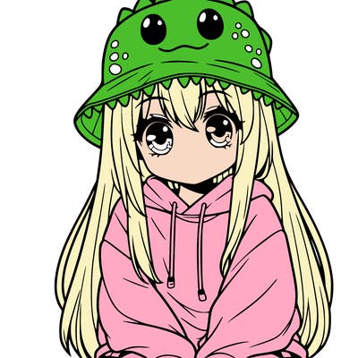 girl with anime shaped eyes with a dinosaur bucket hat oversized sweatshirt long straight hair