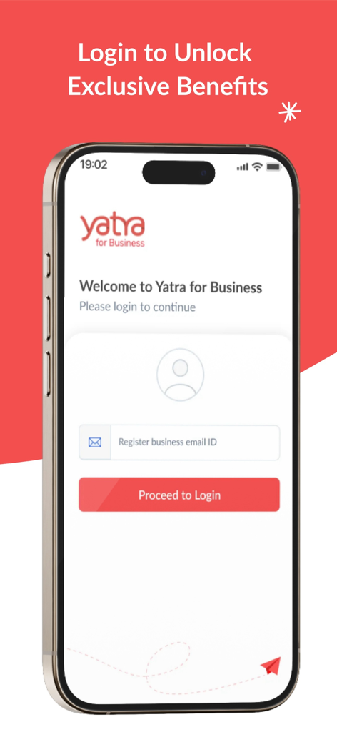 Yatra for Business mobile app login screen showing a field to register business email