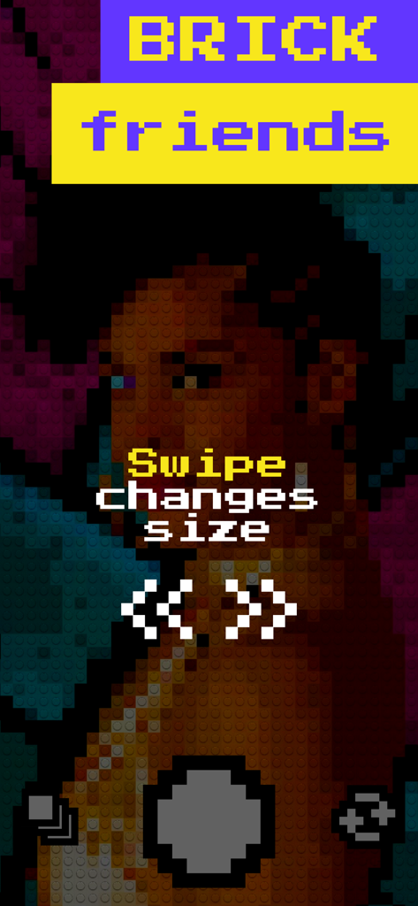 Bricks Camera app interface showing a brick-filtered photo with a tutorial message to swipe to change brick size
