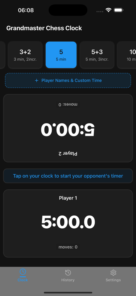 Grandmaster Chess Clock - Grandmaster Chess Clock app interface showing dual player timers and time control presets in dark mode