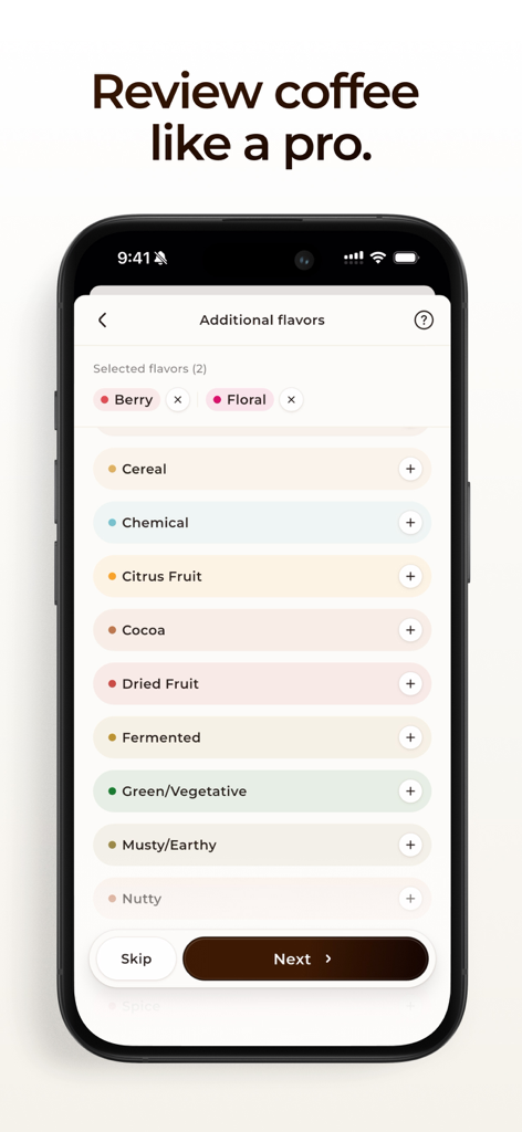 Interface of Coffi app for selecting coffee flavor profiles during a tasting review.