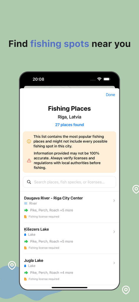 Fish Identifier & Fish Finder - Uma interface de aplicativo móvel exibindo uma lista de locais de pesca locais com detalhes sobre espécies de peixes e requisitos de licença.