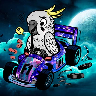 a parakeet in an f1 race car upset that his engine gave out