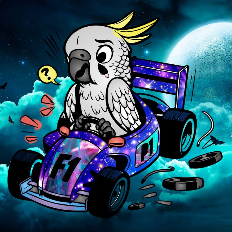 a parakeet in an f1 race car upset that his engine gave out