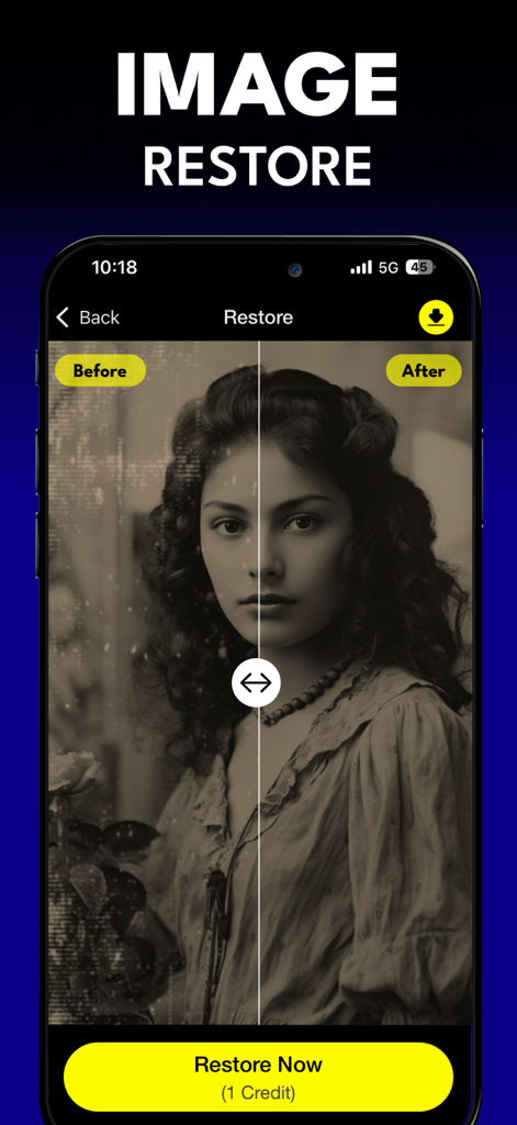 Uma interface de aplicativo móvel exibindo um recurso de restauração de imagem de IA com uma comparação de antes e depois de um retrato vintage