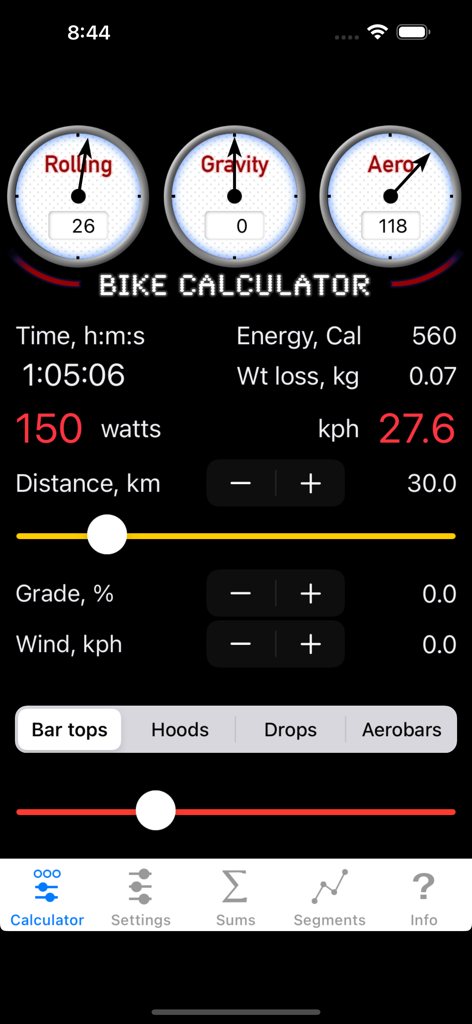 Interface of Bike Calculator Pro showing cycling performance metrics like watts speed and resistance forces