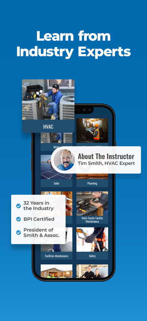 Die Benutzeroberfläche der mobilen App von Interplay Learning mit Handwerkskursen und Qualifikationen von Fachexperten
