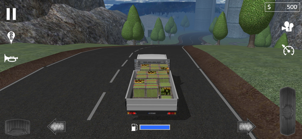 Cargo Transport Simulator - A small white delivery truck carrying crates of fruit on a winding road in an open world environment.