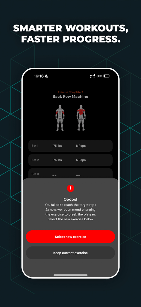 BEASTLY: Build Muscle Fast - Beastly app interface showing a recommendation to change exercises to break a training plateau.
