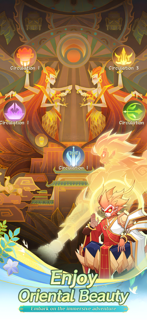 Stylized oriental fantasy art featuring mythic heroes and Sun Wukong in Ultimate Myth Idle RPG