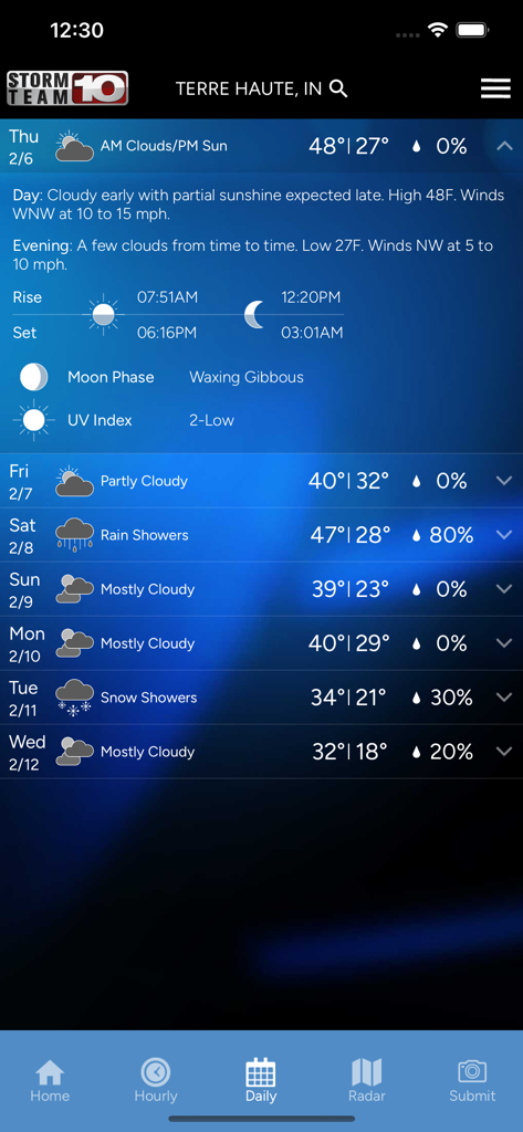 Storm Team 10 weather app showing a 7 day forecast for Terre Haute Indiana with daily high and low temperatures