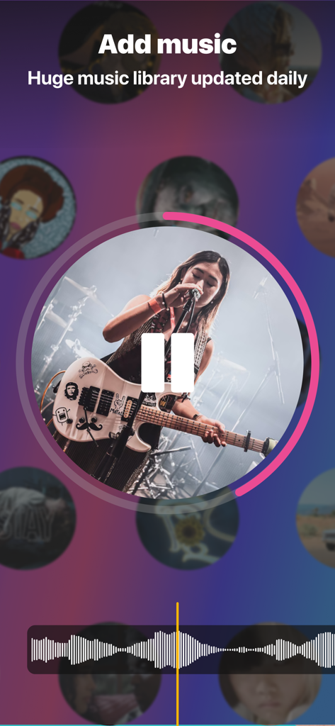 Music cutter & Music mixer - Mobile app interface showing the add music feature with a large music library and audio waveform for video editing