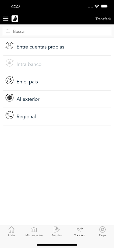 GTCApp Empresa - Interface of the GTCApp Empresa mobile app showing the transfer menu with options for local, international, and regional bank transfers.