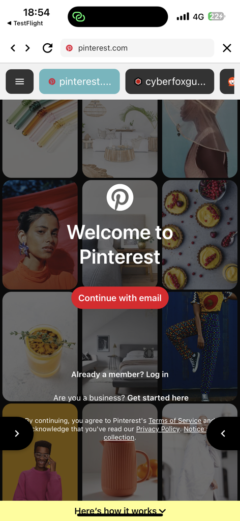CyberFox Guard - Interfaz segura de navegación web corporativa dentro de la aplicación CyberFox Guard que muestra una página de Pinterest.
