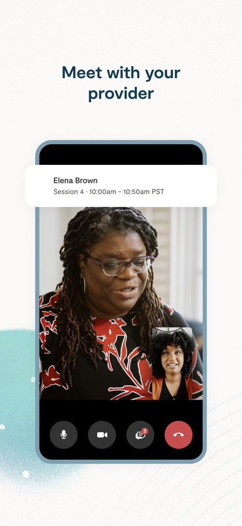 Una sesión de videollamada entre un usuario y un proveedor de salud mental en la aplicación móvil Lyra Health