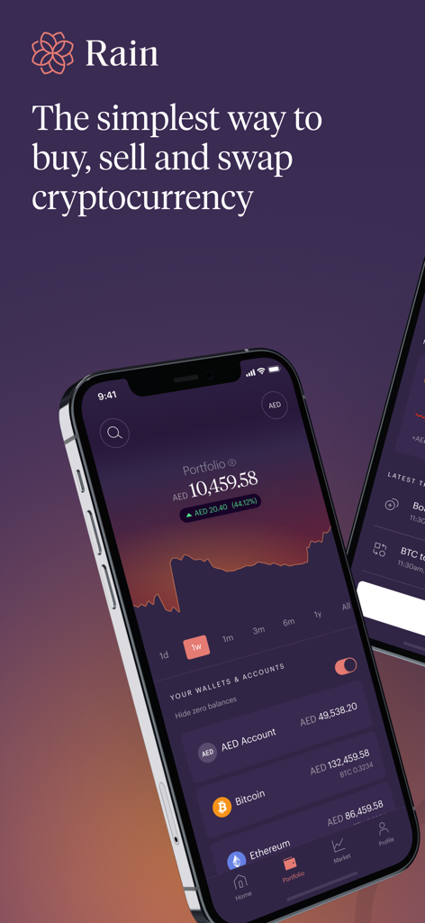 Smartphone displaying the Rain app portfolio screen with cryptocurrency balances in AED