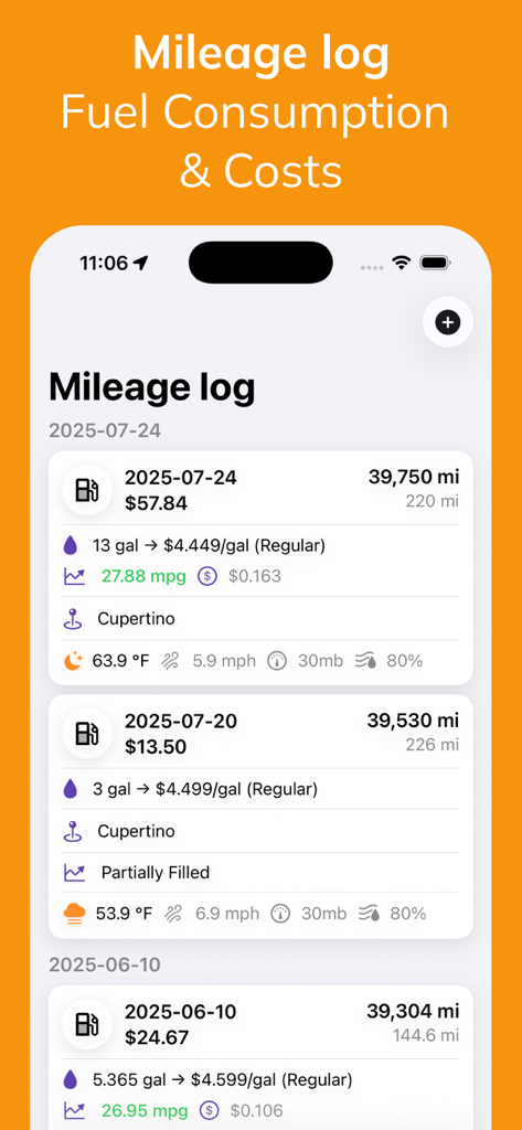 Fuelio - Gas Log & Mileage - Fuelio mobile app mileage log interface showing fuel consumption and costs
