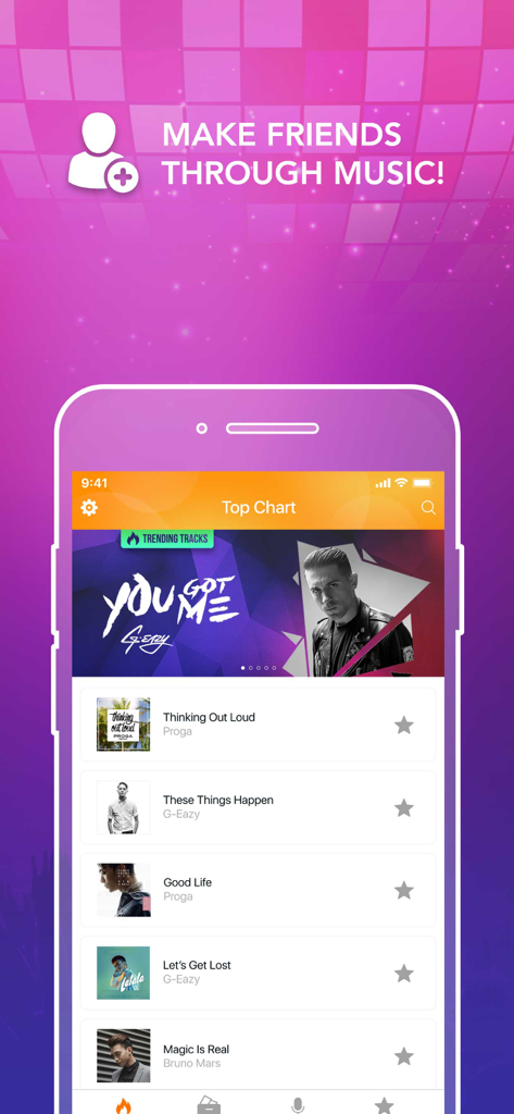 Karaoke app interface displaying a top charts list of trending music tracks on a smartphone