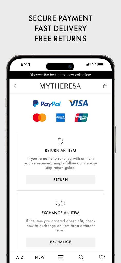 Mytheresa 앱 인터페이스에 안전한 결제 방법 및 반품 및 교환 옵션이 표시됩니다.