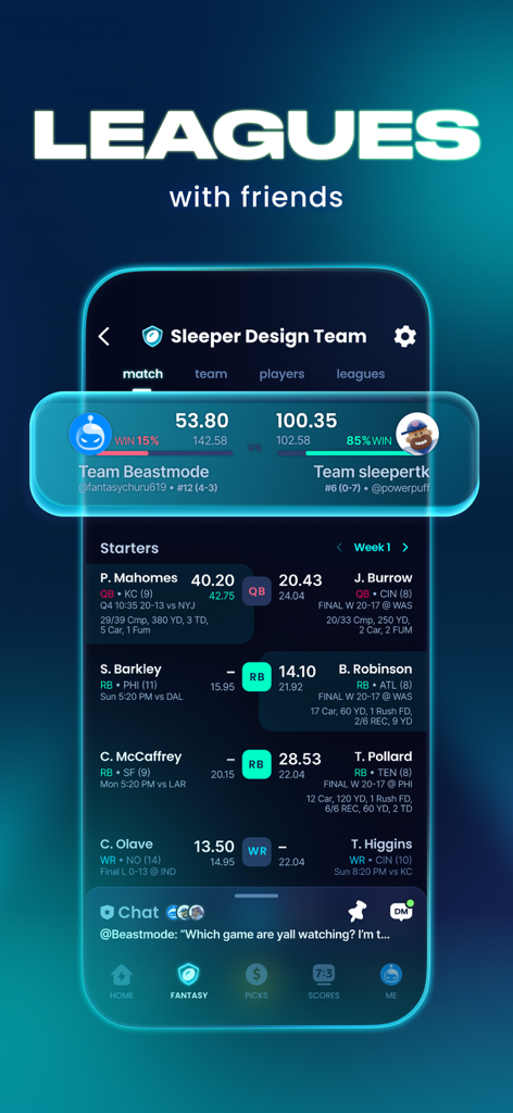 Sleeper app fantasy football league matchup interface showing player scores and league chat.