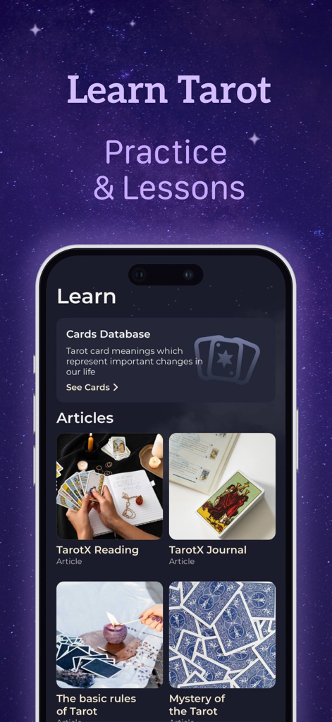 TarotX: Tarot Card Reading - TarotX app screen showing tarot card database and educational articles.