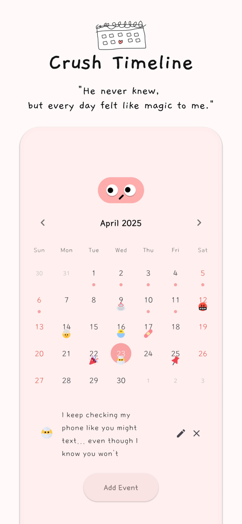 404Log - Crush Diary - 특별한 순간 아이콘과 개인 감정 일기 항목이 있는 짝사랑 타임라인이라는 월별 캘린더 보기.