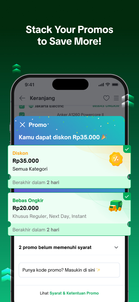 Tokopedia - Tokopedia app interface showing stacked discount and free shipping vouchers