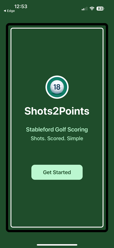 Shots2Points app home screen showing Stableford golf scoring and get started button