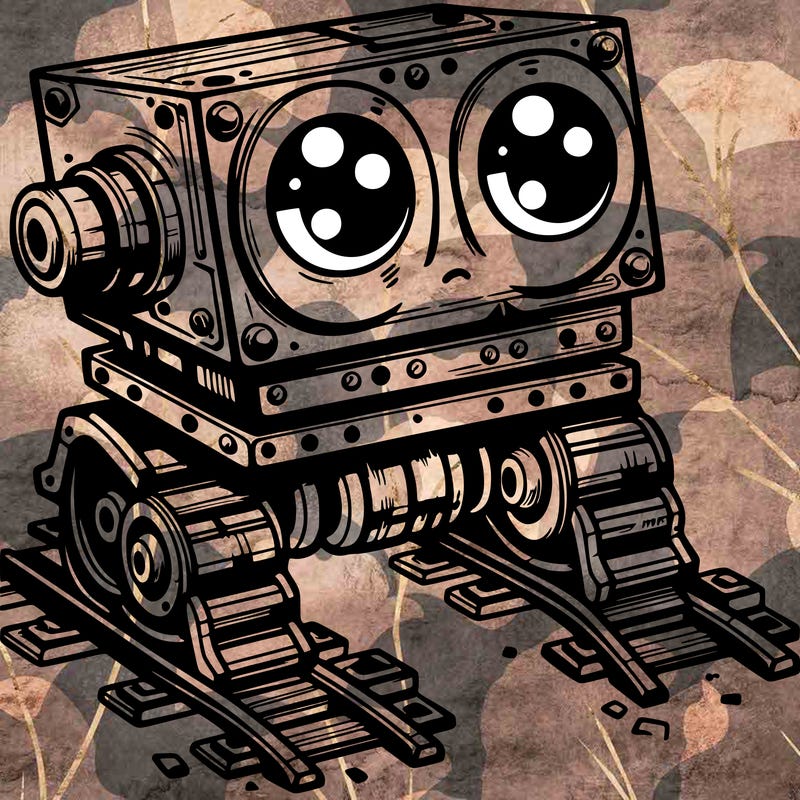 a scrap metal robot that has sort of rails as feet to move around, with big eyes, cute