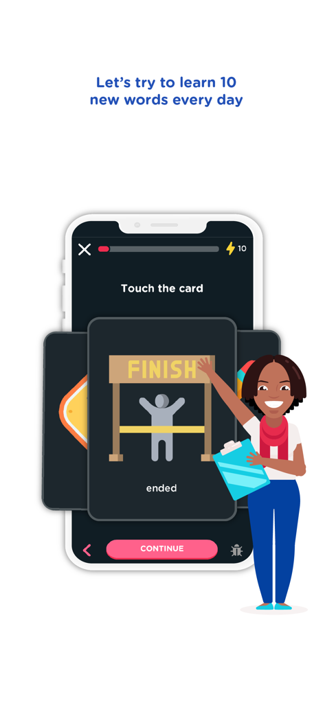 English with Tiffani - Una pantalla de tarjetas de vocabulario en la aplicación English with Tiffani que presenta un avatar de profesor y un objetivo de palabras diarias.