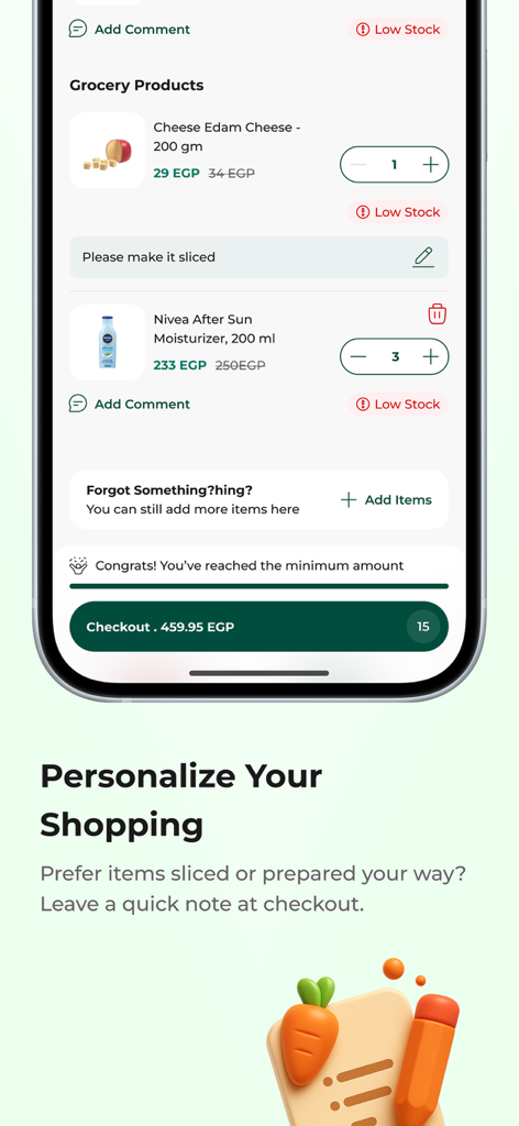 SPINNEYS ONLINE SHOP - Spinneys Online Shopモバイルアプリのチェックアウト画面、カートアイテムとスライスチーズのパーソナライズされた指示メモを表示