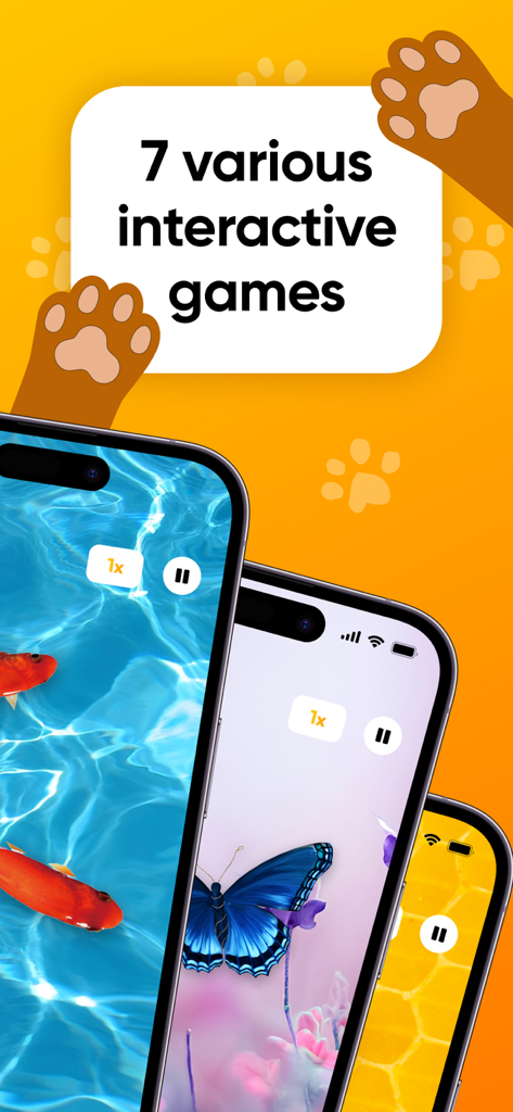 Sete jogos interativos para gatos exibidos em telas de celular com peixes e borboletas.