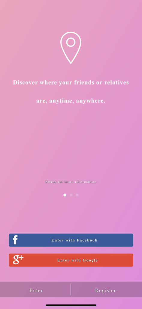 Find Friends - Localizame - Pantalla de bienvenida de la aplicación Find Friends Localizame con opciones de inicio de sesión de Facebook y Google