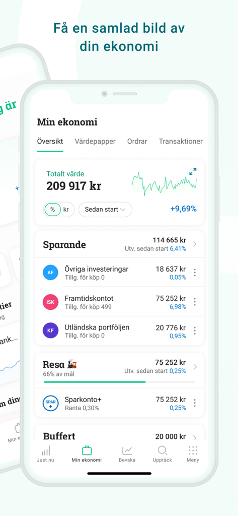 Tableau de bord de l'application mobile Avanza affichant un aperçu du portefeuille financier et des catégories d'épargne