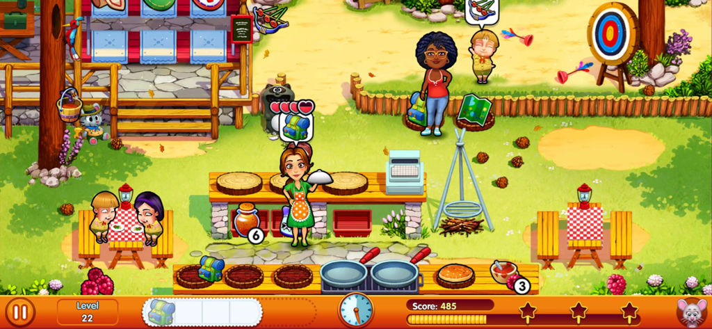 Delicious - Moms vs Dads - Time management gameplay in Delicious Moms vs Dads featuring Emily serving customers at a campsite