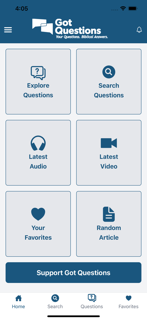 Got Questions? - Home screen of the Got Questions mobile app displaying search and exploration features for biblical answers.