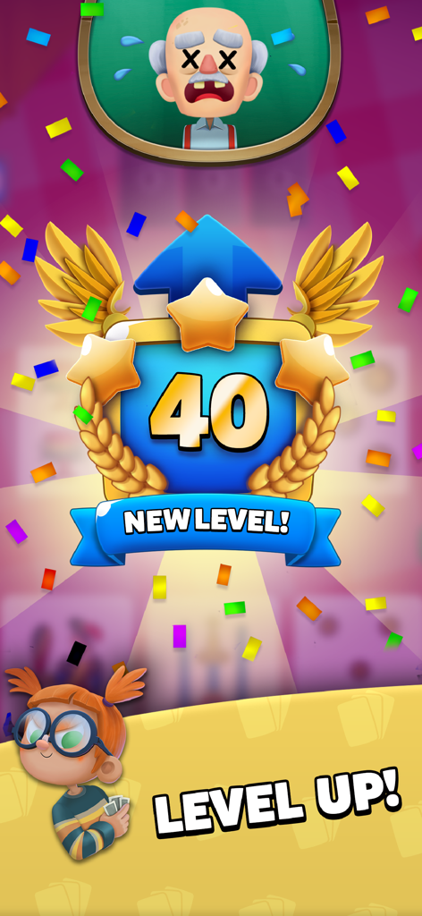 Scopa Dal Negro - Schermata di avanzamento di livello per il gioco di carte Scopa Dal Negro che raggiunge il livello 40 con personaggi dei cartoni animati e coriandoli