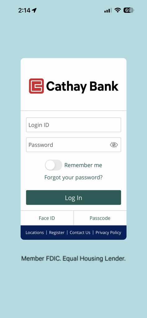 Cathay Bank - Cathay Bank mobile banking login interface with Face ID and password options