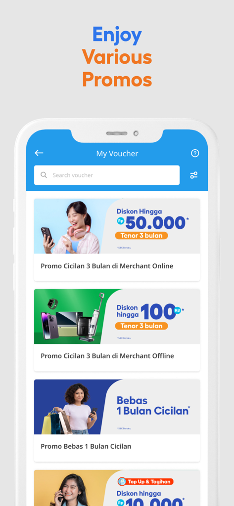 Kredivo mobile app screen showing a list of promotional vouchers and installment offers