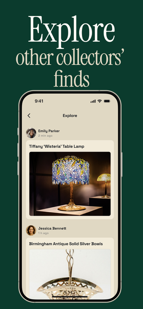 Explore screen of the Antique Identifier Zophi app showing a gallery of antique finds from other collectors