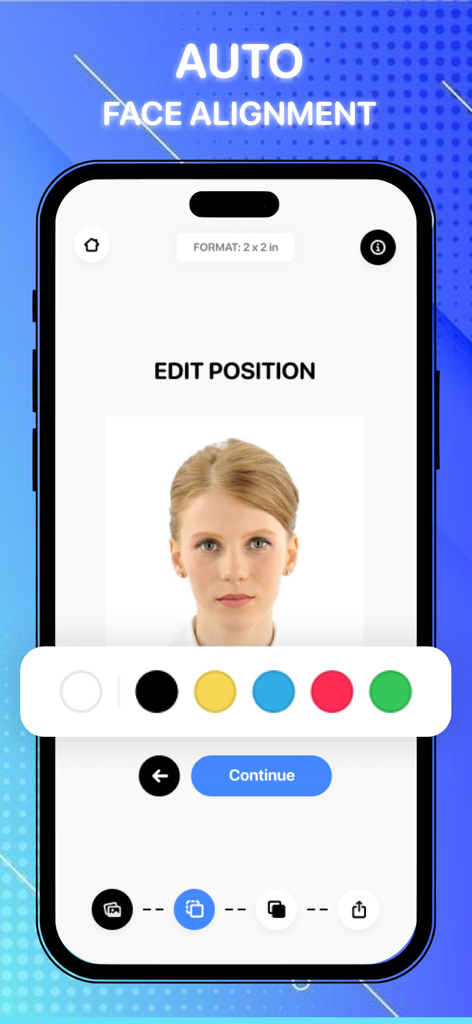 ID Photo: Passport Photo - Smartphone app showing automatic face alignment for a 2x2 inch passport photo
