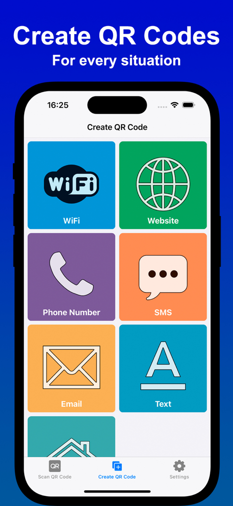 QR Creator: Scan & Make QRCode - Una interfaz móvil para Creador de QR que muestra opciones para generar códigos QR para WiFi, Sitio web, Número de teléfono, SMS, Correo electrónico y Texto.