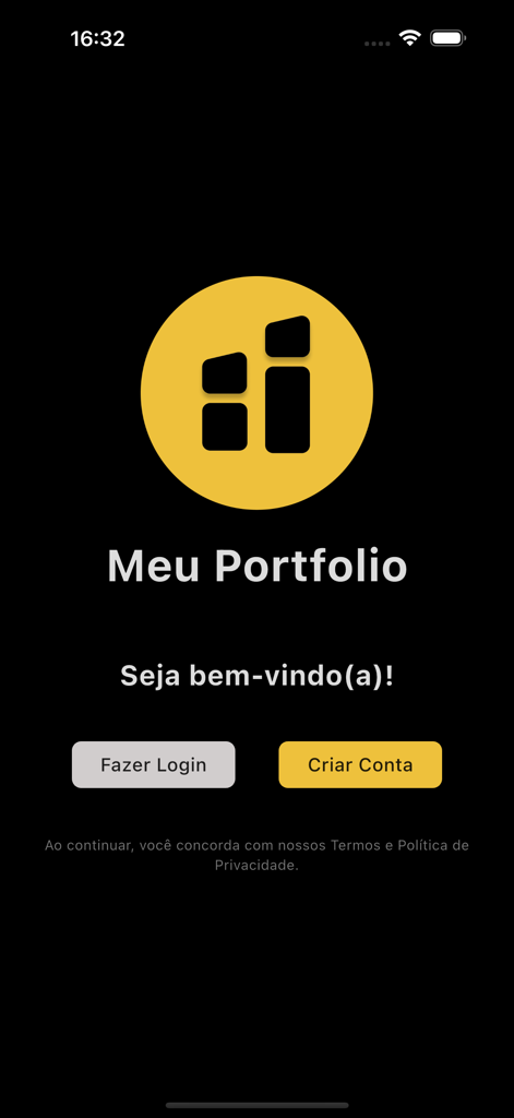 Meu Portfólio - The welcome screen of the Meu Portfolio app featuring a yellow circular logo and buttons for login and account creation on a black background
