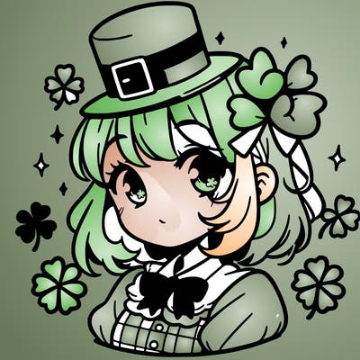 a manga-style girl with clovers around her, a little hat in her hair, like it's saint patrick's day