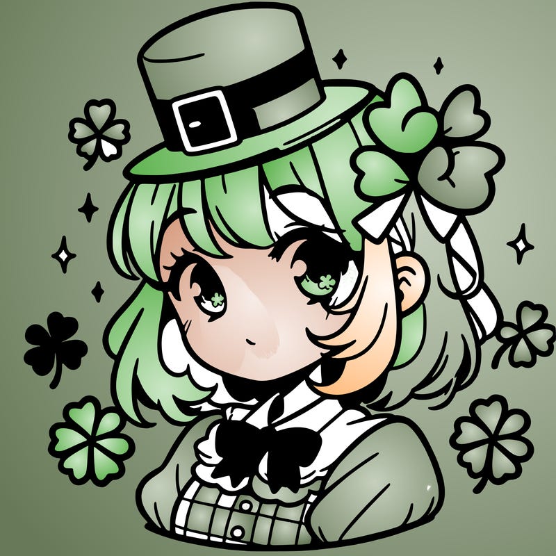 a manga-style girl with clovers around her, a little hat in her hair, like it's saint patrick's day