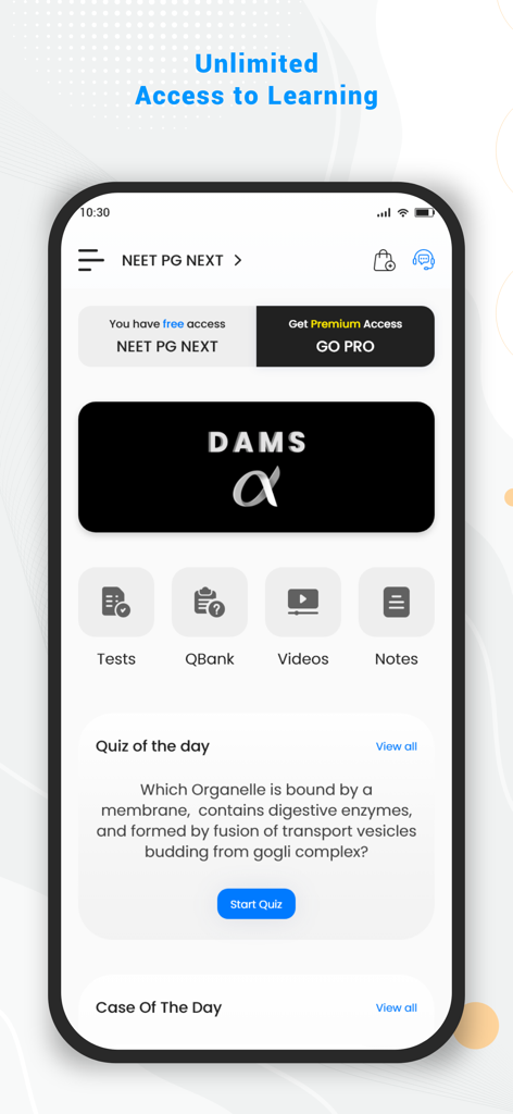 DAMS | NEET PG, FMGE - DAMS app interface displaying medical study features including tests, QBank, videos, notes, and a daily medical quiz.